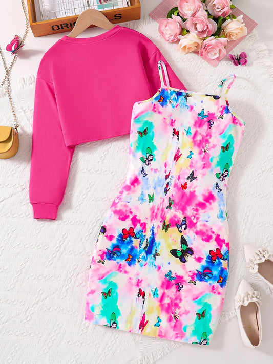 Elegant model showcasing a girls' autumn fashion 2-piece outfit, highlighted by a chic round neck top and captivating butterfly design skirt.