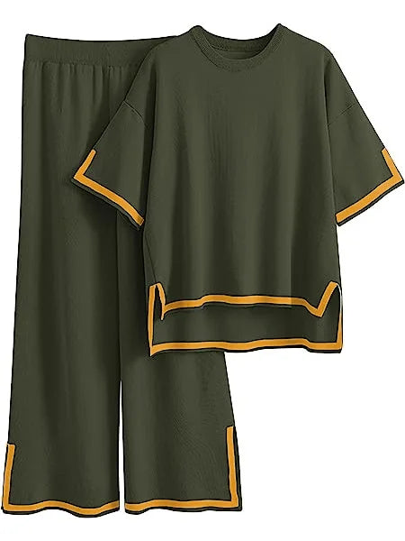 Fashion-forward women’s knitted suit displaying an O-neck collar and regular sleeve style, ideal for a polished look in graceful elegance during the warmer seasons.