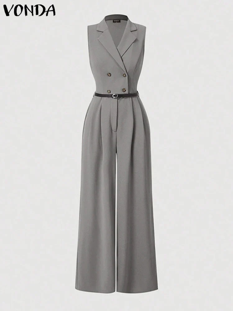 Sophisticated button-decorated VONDA jumpsuit for middle-aged women, crafted from soft jersey fabric, ideal for chic elegance.
