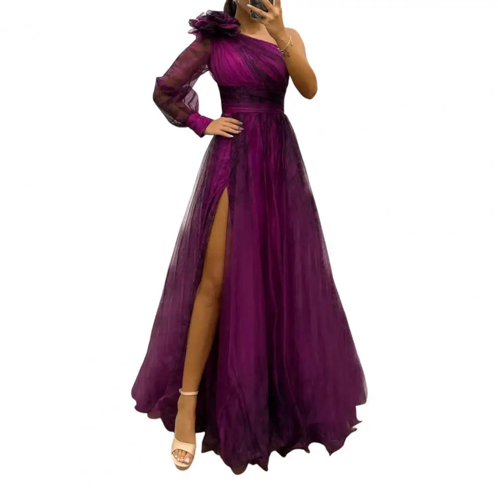 Showcase of Women’s Floor-Length Chiffon Evening Dress with an elegant one shoulder design and flattering A-Line silhouette, ideal for sophisticated events.