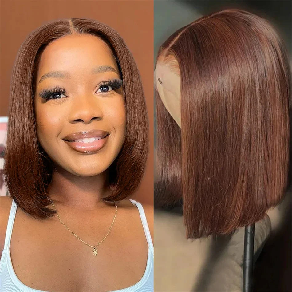 Elegant display of the HD Transparent Lace on a Chocolate Brown Bob Wig, providing a seamless, natural look.