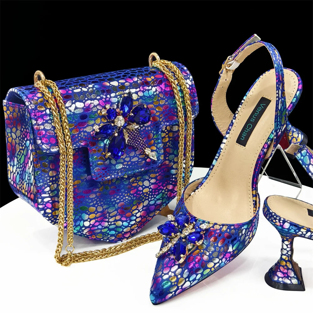 Stylish champagne crystal design pointed toe heels and matching bag set, designed for sophisticated women, suitable for parties and weddings.