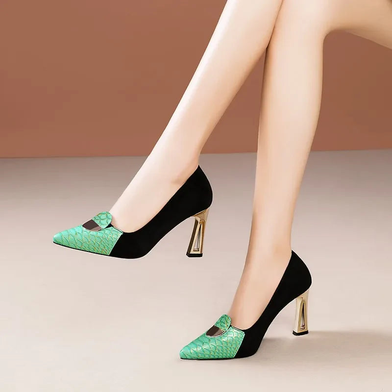 Close-up view of luxurious women's slip-on fashion pumps, showcasing the exquisite microfiber material and chic design ideal for spring and autumn.