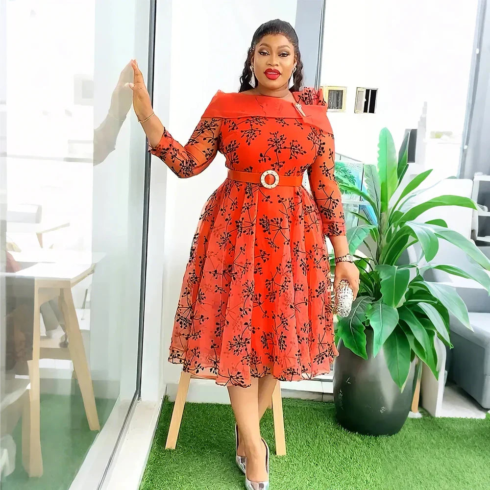 Elegant plus size African maxi dress for women featuring intricate Muslim prints, perfect for evening parties and special occasions, crafted in high-quality polyester and spandex fabric.