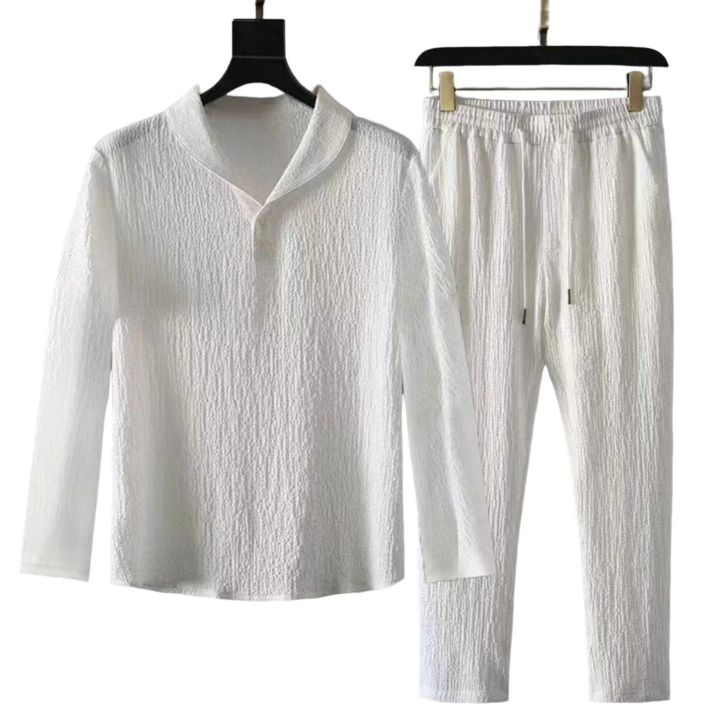 Elegant short sleeve shirt and long pants set for men, designed for casual summer outings, showcasing a high-quality polyester fabric and refined style.