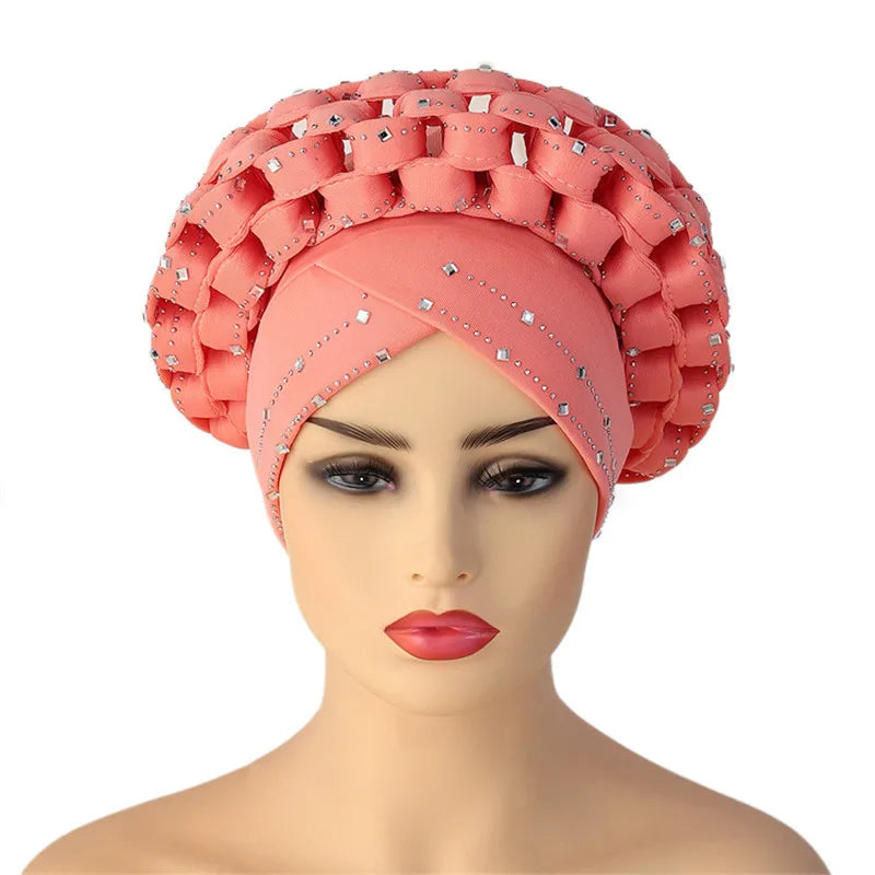 Luxurious African Autogele headtie turban cap adorned with sparkling diamond accents, perfect for elegant women's fashion.