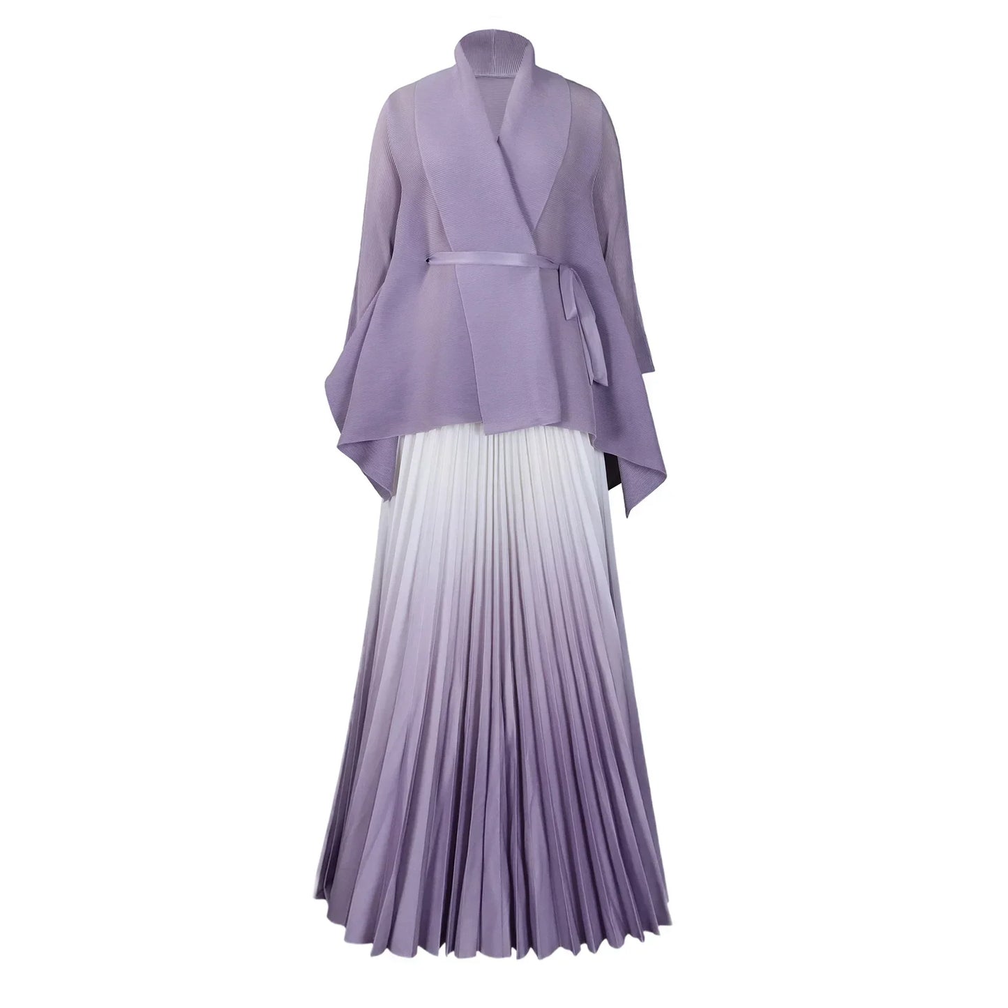 Elegant CM.YAYA autumn/winter outfit featuring a gradient two-piece set with a full sleeve blouse and elastic waist pleated long skirt, combining comfort and luxury for mid-age women.