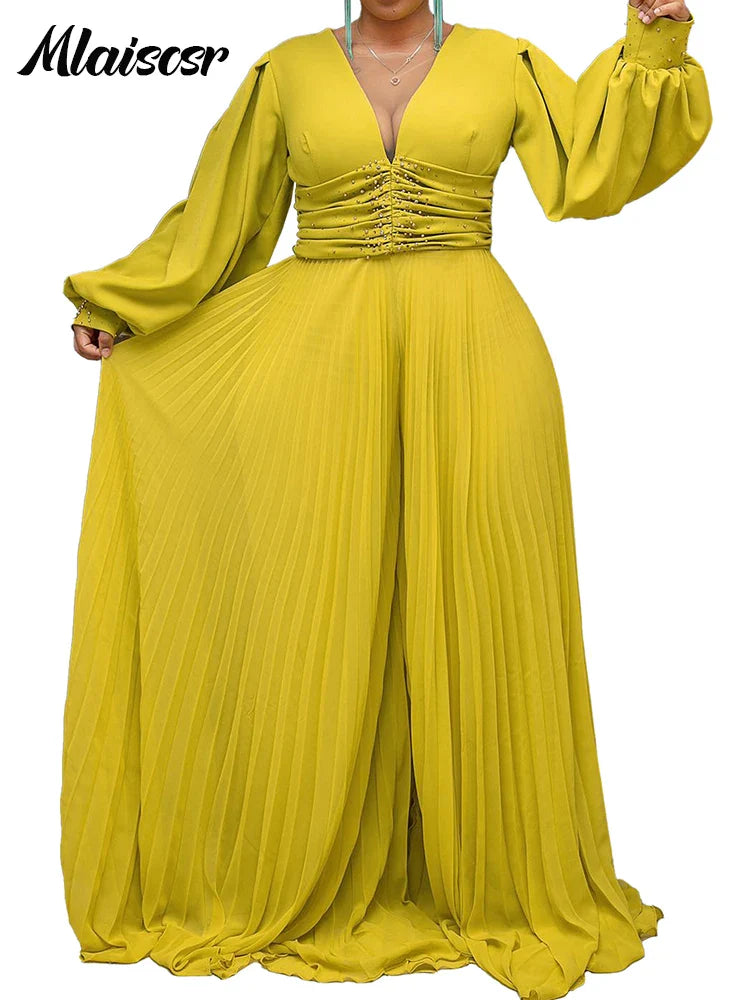 Mlaiscsr Elegant Evening Party Jumpsuit showcasing exquisite pearl bead detail, featuring a stylish long-sleeved design and luxurious loose wide leg fit, perfect for sophisticated autumn and winter soirées.