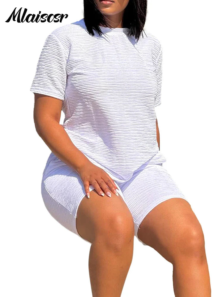 Mlaiscsr women's sporty O-neck T-shirt and shorts matching set in elegant summer styles, showcasing premium spandex and polyester fabric quality, perfect for casual summer outings and athletic wear.