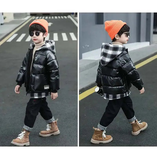 Elegant black winter coat for boys, designed with soft cotton filling and a cozy hood, perfect for cold weather outdoor activities.