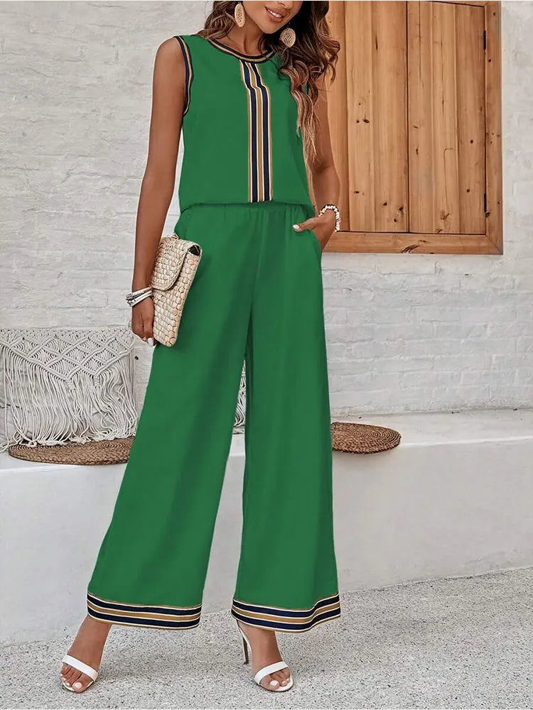 Fashionable summer ensemble for women, showcasing elegantand lightweight chiffon fabric in a trendy print, perfect for a refined casual look.