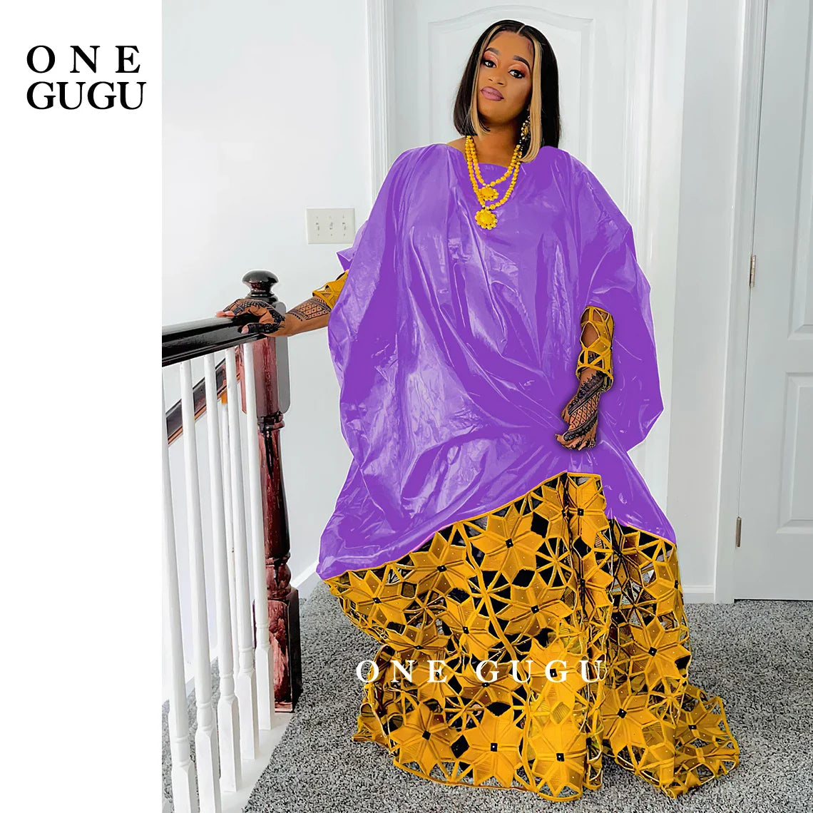 Luxury gold and white African Bazin dress robe for women, featuring elegant long sleeves and exquisite embroidery, perfect for parties, weddings, and daily wear.