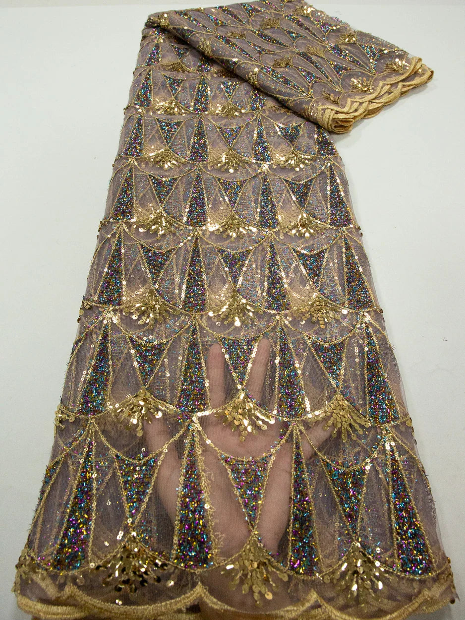 Swatch of Kalume's premium polyester cotton lace fabric, showcasing its vibrant patterns and party-ready aesthetic.