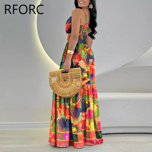 Stylish floor-length women’s maxi dress featuring a delicate floral design and sophisticated ruffle hem, perfect for summer gatherings and beachwear.