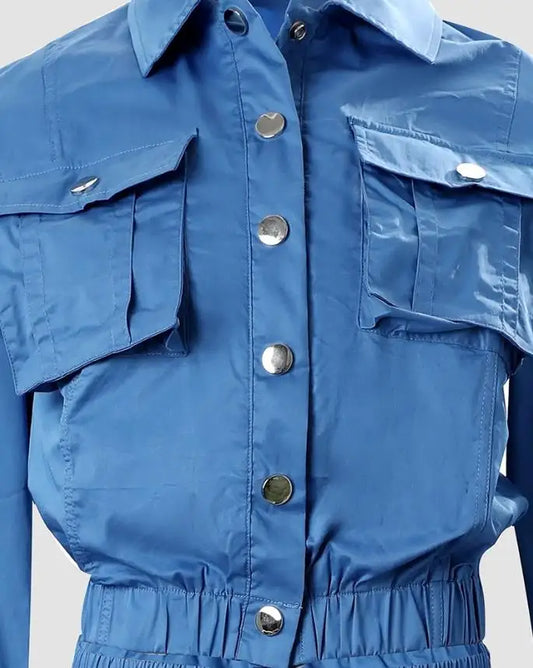 Elegant two-piece denim-style tracksuit for women featuring a long sleeve button pocket shirt, perfect for an office lady in spring or summer.