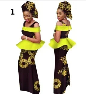 Luxury women's traditional African clothing featuring a stunning cotton fabric design with head scarf, ideal for elegant evening events.