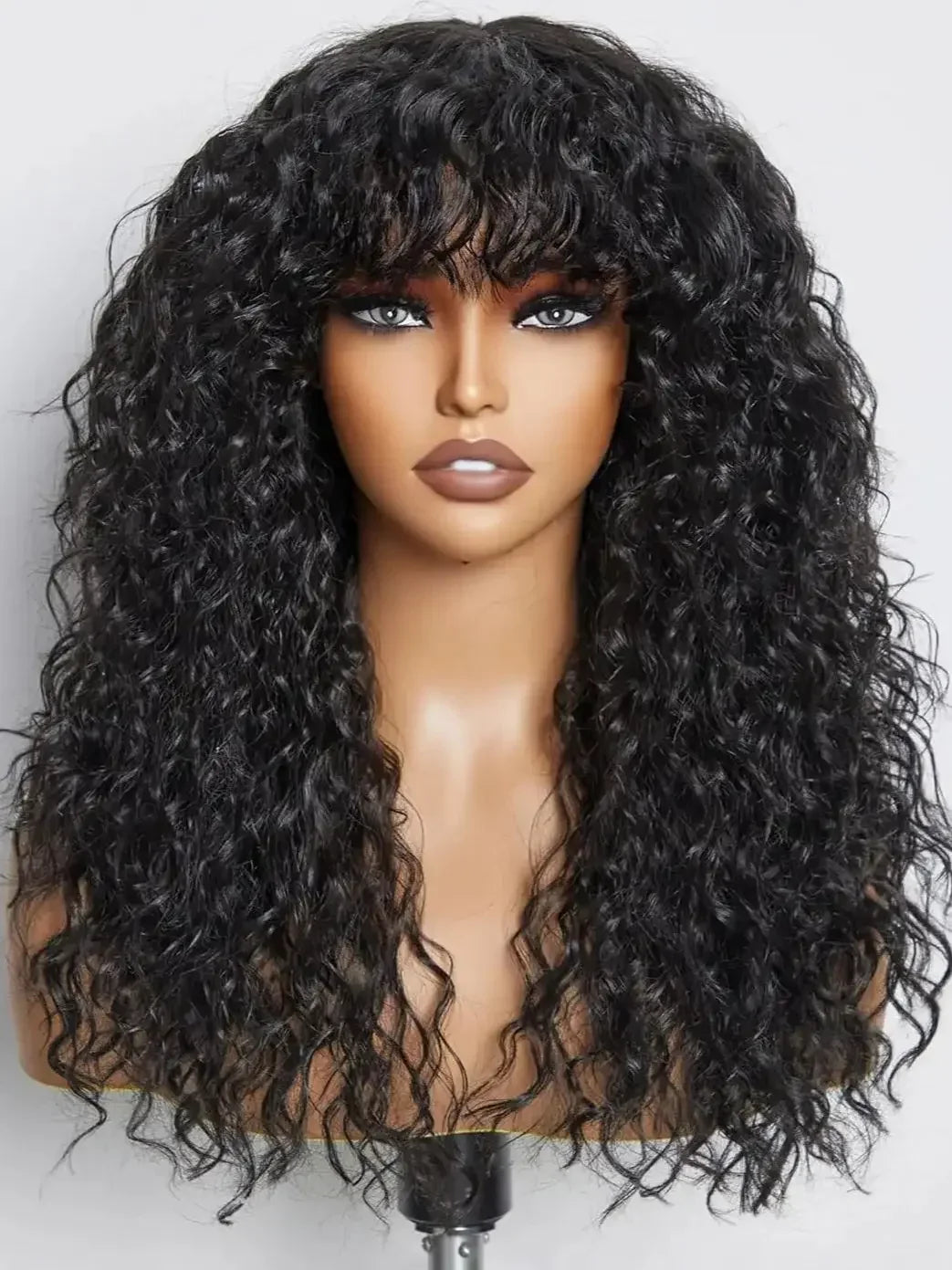 Dramatic view of the water wave wig with bangs, highlighting the flowing texture and rich colour for a glamorous look.