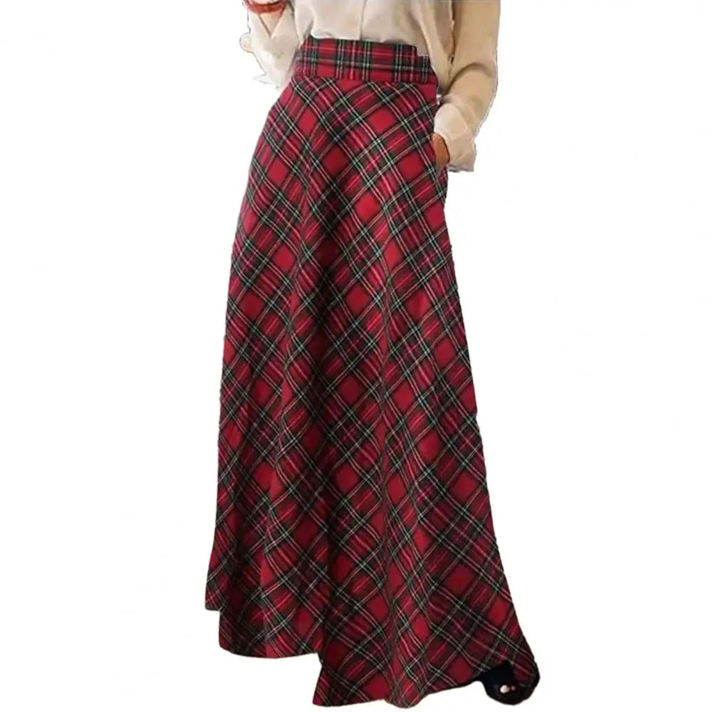 Luxury A-Line High Waist Plaid Maxi Skirt for Women, crafted from premium polyester, showcasing a floor-length silhouette perfect for elegant autumn and winter occasions.