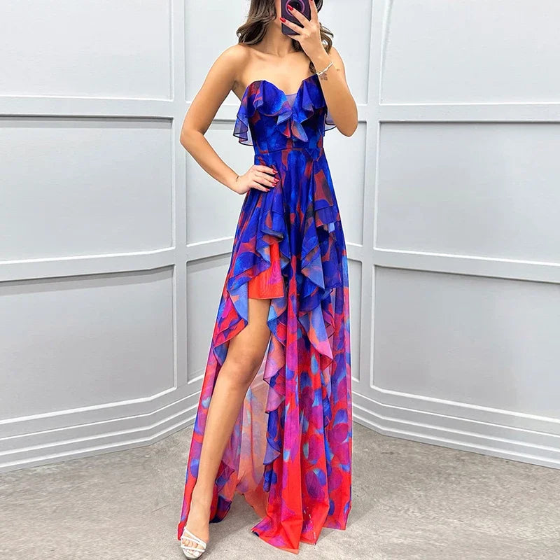 Elegant women’s strapless ruffle irregular maxi dress featuring pleated mesh detail, perfect for summer parties and special occasions. Designed by Hot Trends Area, this luxurious gown exudes sophistication and style.