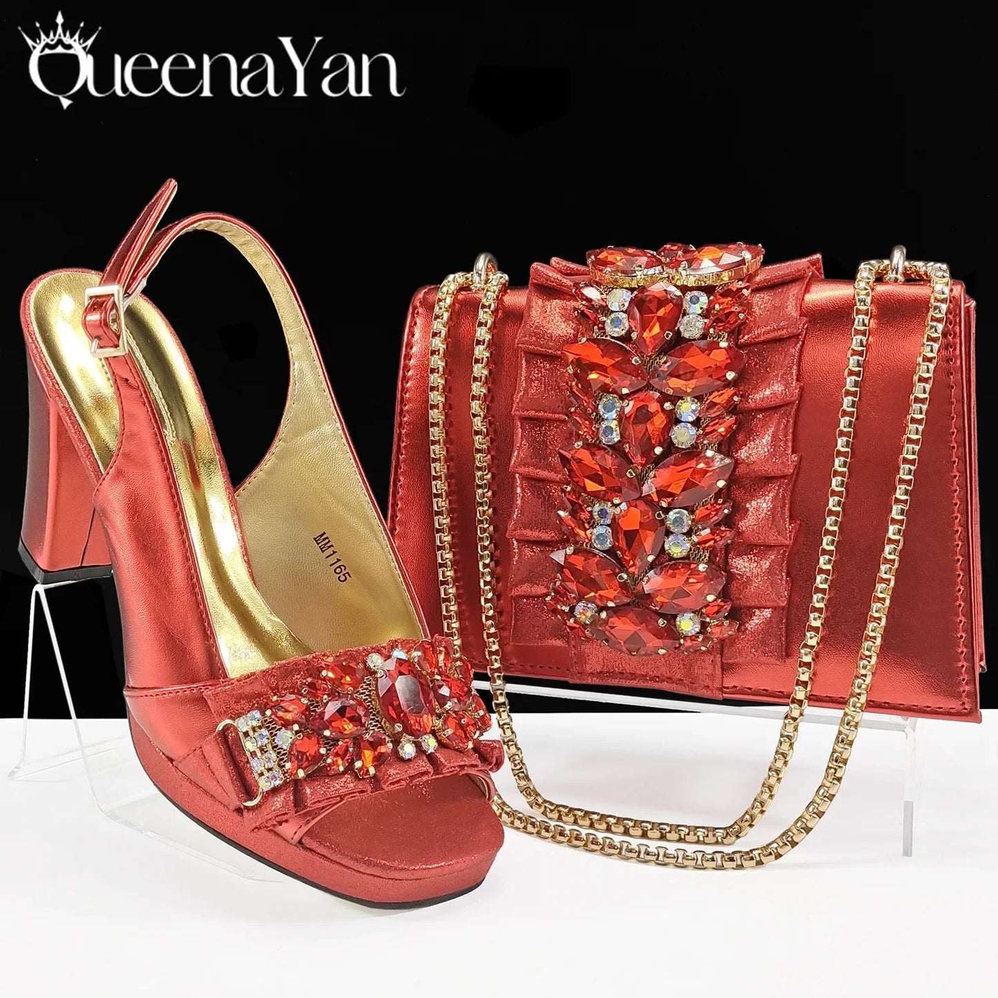 Elegant green women's high heels with rhinestone accents and ankle strap, part of a luxurious bag set, available in sizes 38-43, perfect for stylish adults seeking sophistication at parties.