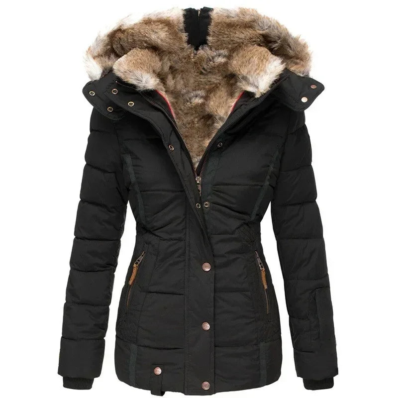 Elegant Women's Autumn/Winter Cotton Coat featuring a stylish slim fit, luxurious zipper closure, and a sophisticated hooded design with wool collar, perfect for the discerning lady.