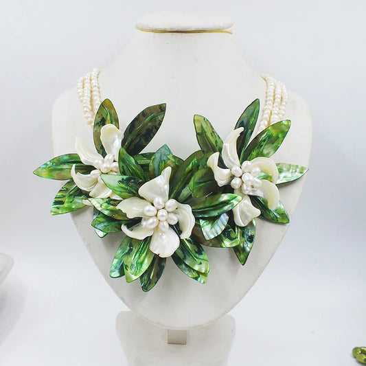 Trendy 20-inch statement necklace showcasing exquisite shell flowers, ideal for elegant bridal jewellery.