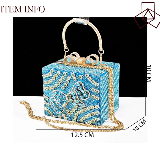 Stunning QSGFC Sky Blue High Heel Clutch Pumps with Square Heels and Diamond embellishments, elegantly presented in a gift box, ideal for sophisticated occasions.