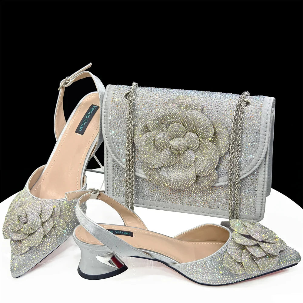 Elegant women's pointed-toe pump and bag set featuring exquisite large flower embellishment and sparkling rhinestone details, available in sizes 37-43, perfect for formal occasions and stylish outings.
