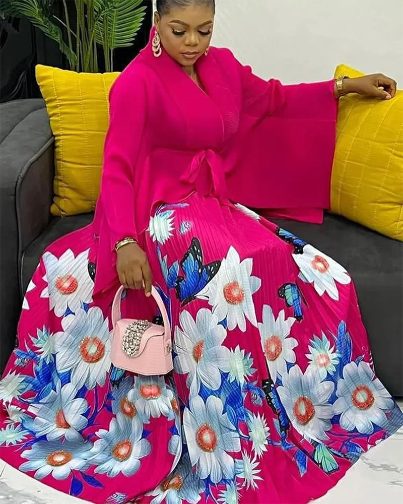 Stylish EGRM Luxury Plus Size 2-Piece Autumn Skirt Set displayed on model, highlighting the chic Batwing Sleeve top and ankle-length pleated skirt.