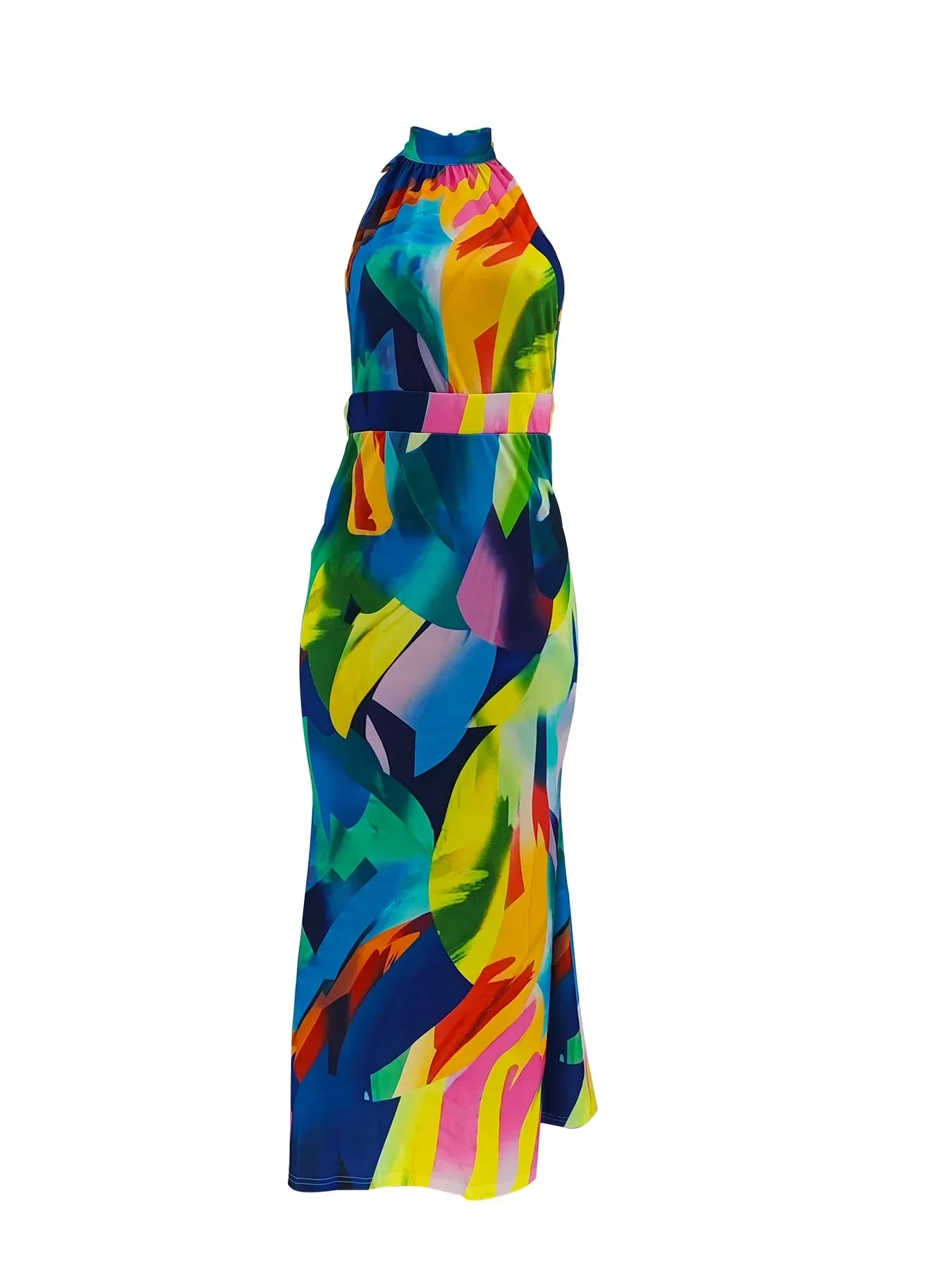 Elegant women's halter neck dress showcasing a sleeveless design, perfect for European fashion lovers and special occasions.