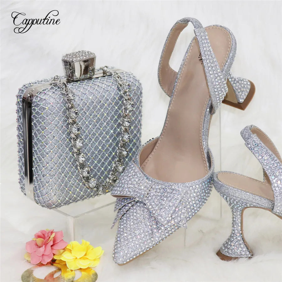Fashionable flat lay of gold ladies' pumps with an elegant handbag set, showcasing a stylish ensemble perfect for parties and upscale events.