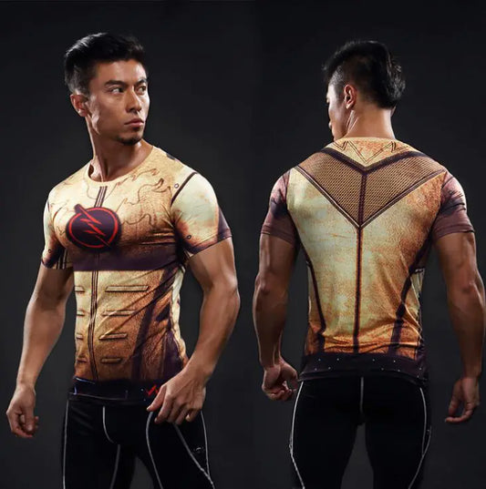 Luxury short sleeve compression t-shirt for men featuring a bold superhero design, showcasing a muscular fit ideal for athletic and casual wear.