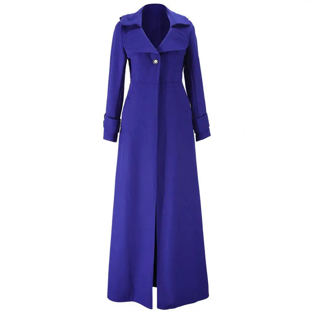 Elegant women's woolen trench coat, designed with a single button closure and fashionable turn-down collar, offering both warmth and style for the winter season.
