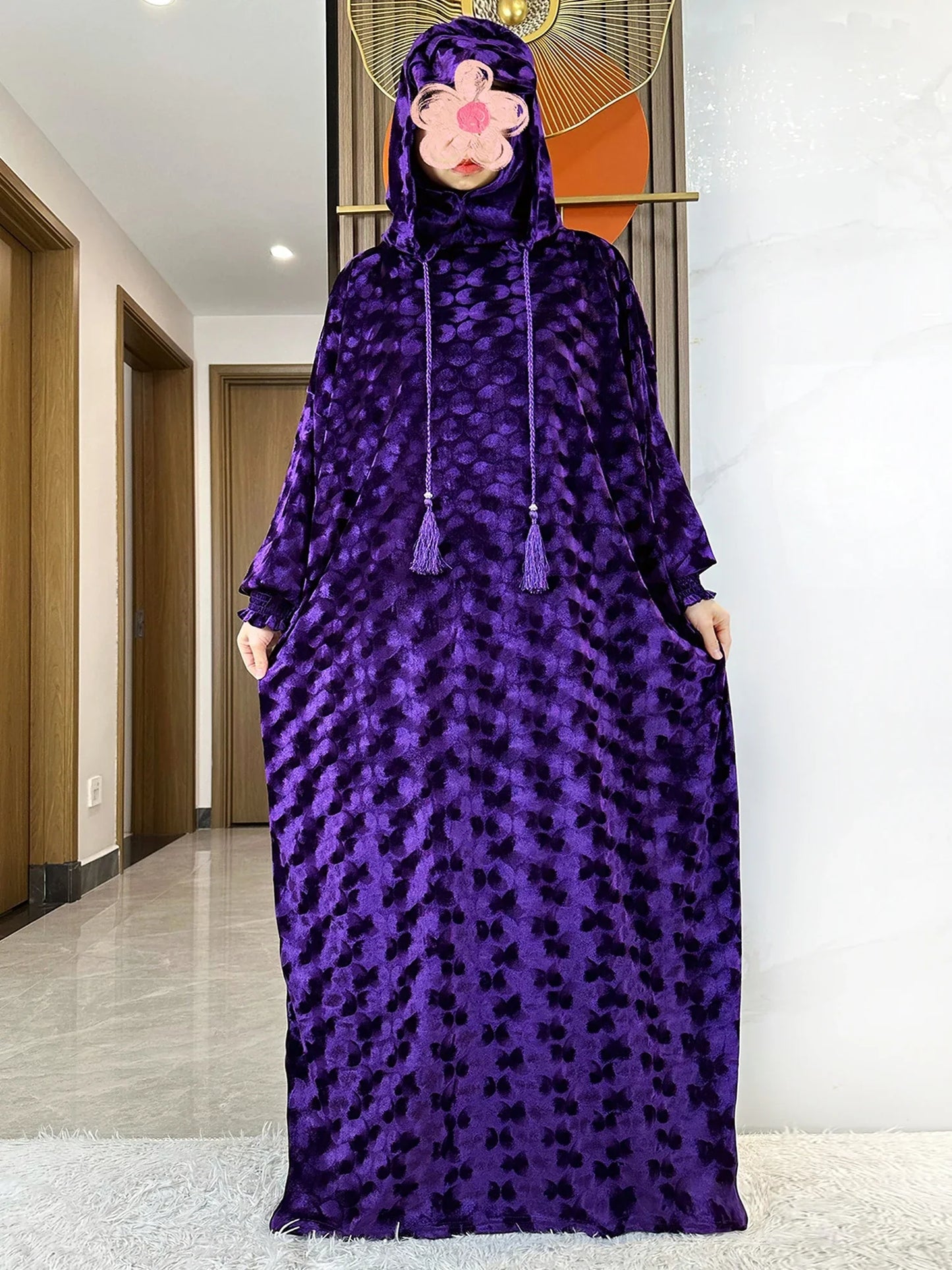 Stunning casual Velvet Abaya suitable for all seasons, adorned in rich colour and designed for middle-aged women.