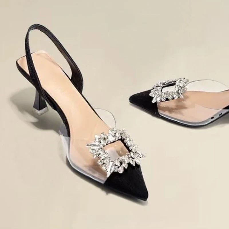 Elegant BCEBYL Women’s High Heels styled with a fashionable pointed toe and crystal accents, showcasing versatility for spring and autumn soirées.
