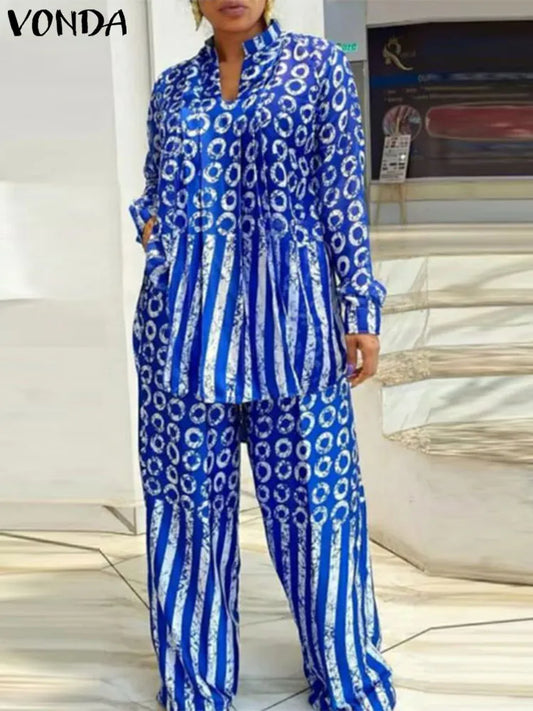 Elegant Plus Size 5XL VONDA Women's Casual Matching Set featuring a stylish Long Sleeve Polka Dot Shirt paired with Elastic Pants for a sophisticated look.