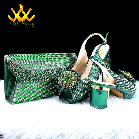 Matching handbag for elegant women, crafted to complement the green crystal platform sandals, exuding luxury and style for wedding attire.