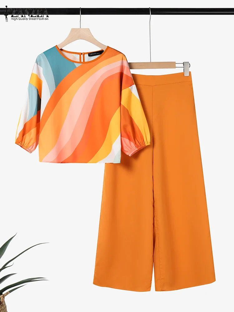 Elegant close-up of ZANZEA's 3/4 sleeve printed blouse, designed for middle-aged women, showcasing exquisite fabric and high-fashion style for the perfect summer outfit.