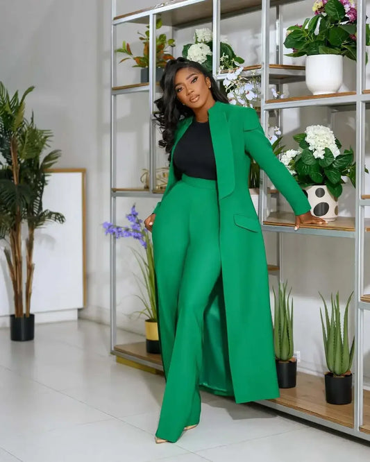 High-waist wide leg pants in a luxurious fabric, designed for women, complemented by a x-long blazer coat for a chic office look.