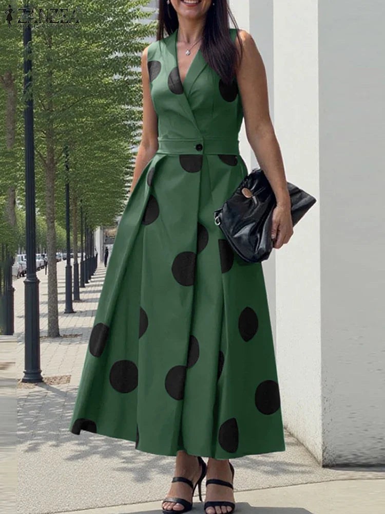 Stylish model wearing the ZANZEA Elegant Polka Dot Maxi Dress, showcasing its ankle-length silhouette and flattering empire waistline.