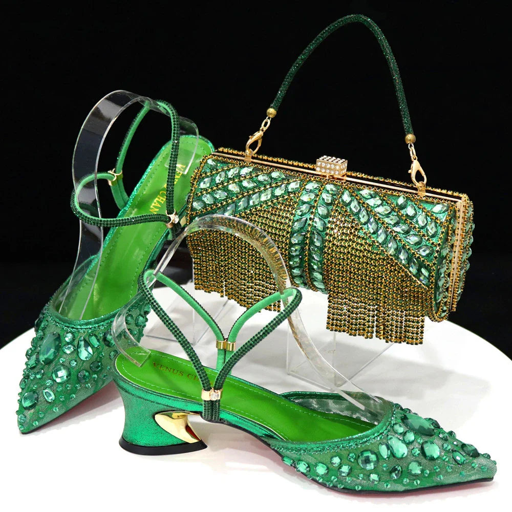 Complete luxury women's designer ensemble showcasing the exquisite combination of green lace shoes and matching handbag with stunning diamond accents.