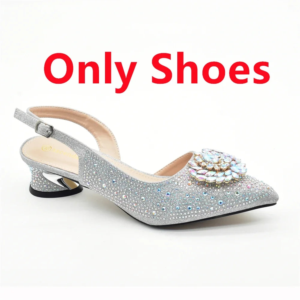 Elegant Italian women's rhinestone pumps heels in silver with a matching handbag set, perfect for weddings and parties, available in sizes 38-43.