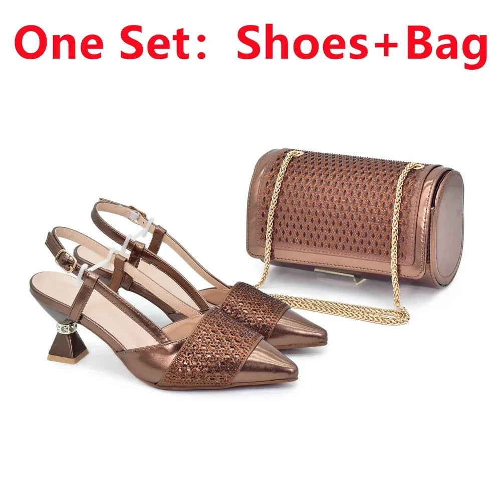 Elegant women's Italian high heel slingback shoe and matching bag set adorned with rhinestones, available in luxury colours like gold, purple, coffee, silver, and black, suitable for formal occasions including parties and weddings.
