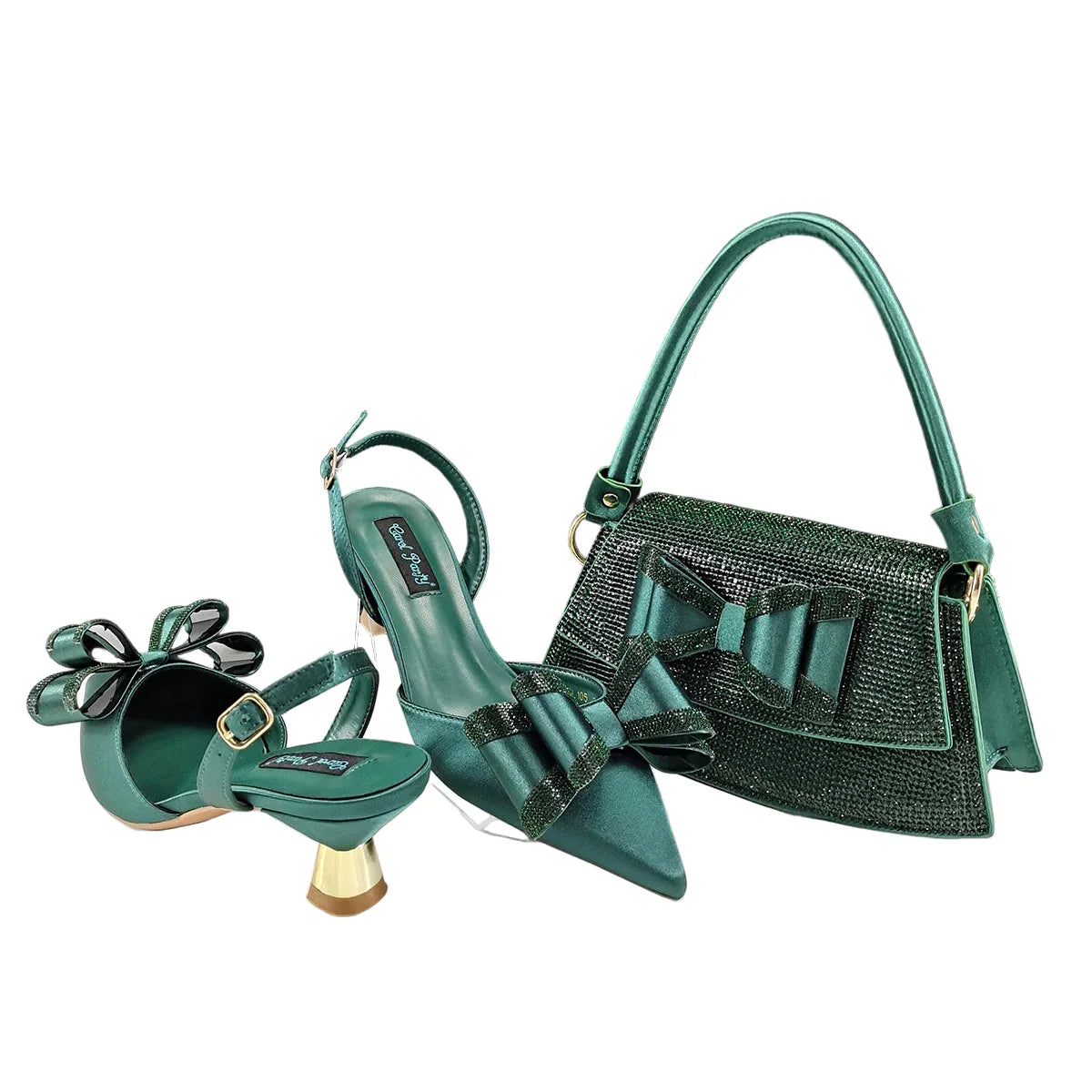 Complete ensemble of women's fashion shoes and matching bag set, showcasing luxury and class for special occasions.