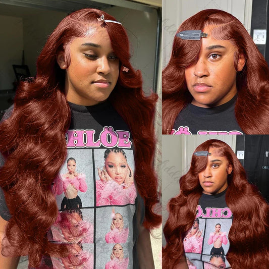 Elegant 13x6 lace frontal wig in rich #33 auburn reddish brown shade, designed for a voluminous body wave style suitable for glamorous occasions.