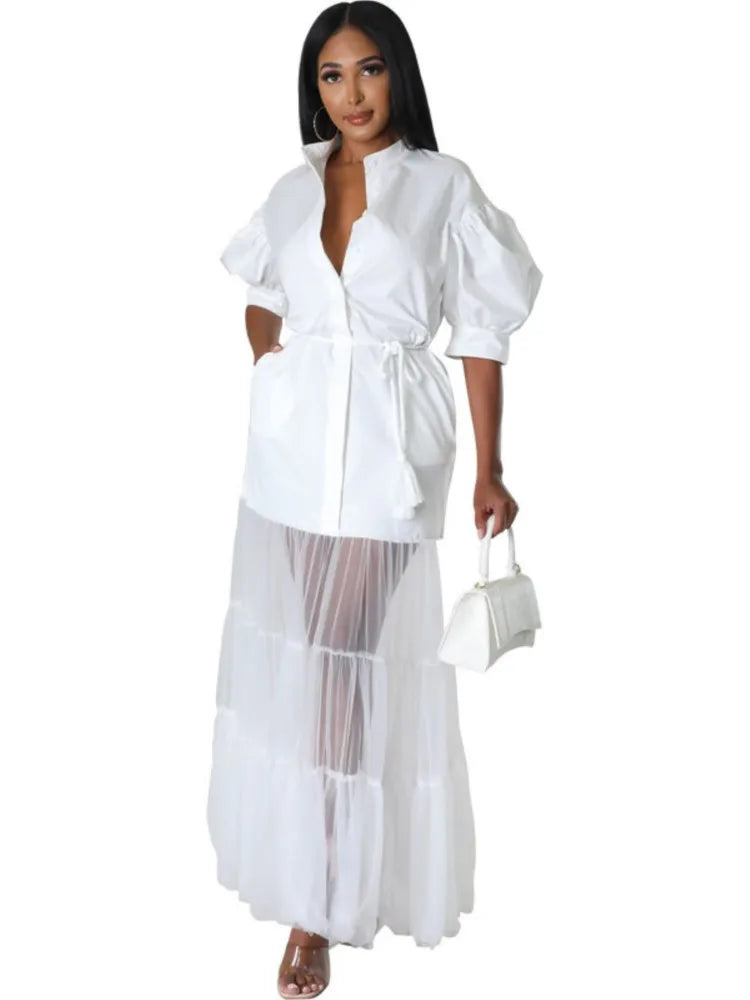 Chic and timeless white lace ankle-length dress for women, designed with short sleeves and an A-line silhouette, perfect for spring and summer occasions.