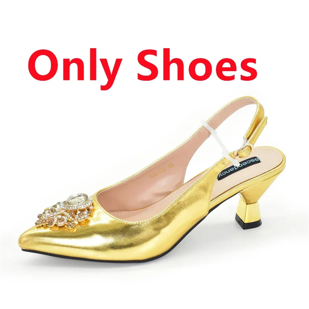 Elegant Italian women’s heeled pumps with crystal accents in gold, perfect for fashionable parties, sizes 38-43.