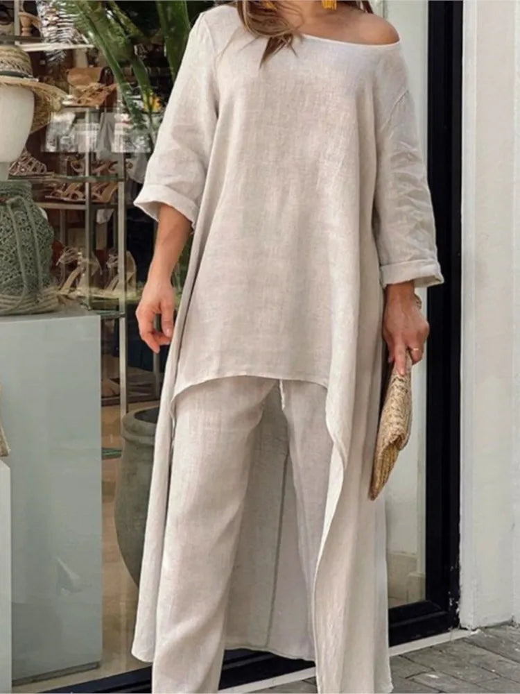 Women's luxury casual cotton linen two-piece set featuring an asymmetrical top and wide leg cargo pants, perfect for autumn/winter fashion trends. Elegant yet comfortable ensemble crafted from high-quality broadcloth material, designed for a loose fit, ideal for middle-aged women seeking sophisticated style.