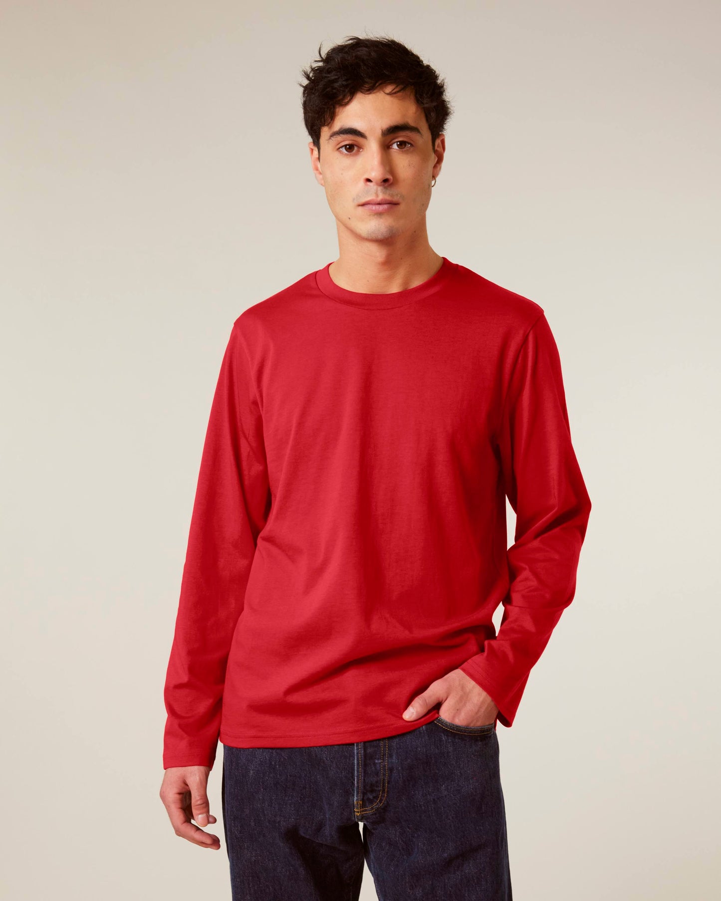Stylish Men's Long Sleeve T-Shirt made from 100% Organic Cotton, demonstrating a refined look suitable for multiple styling options.