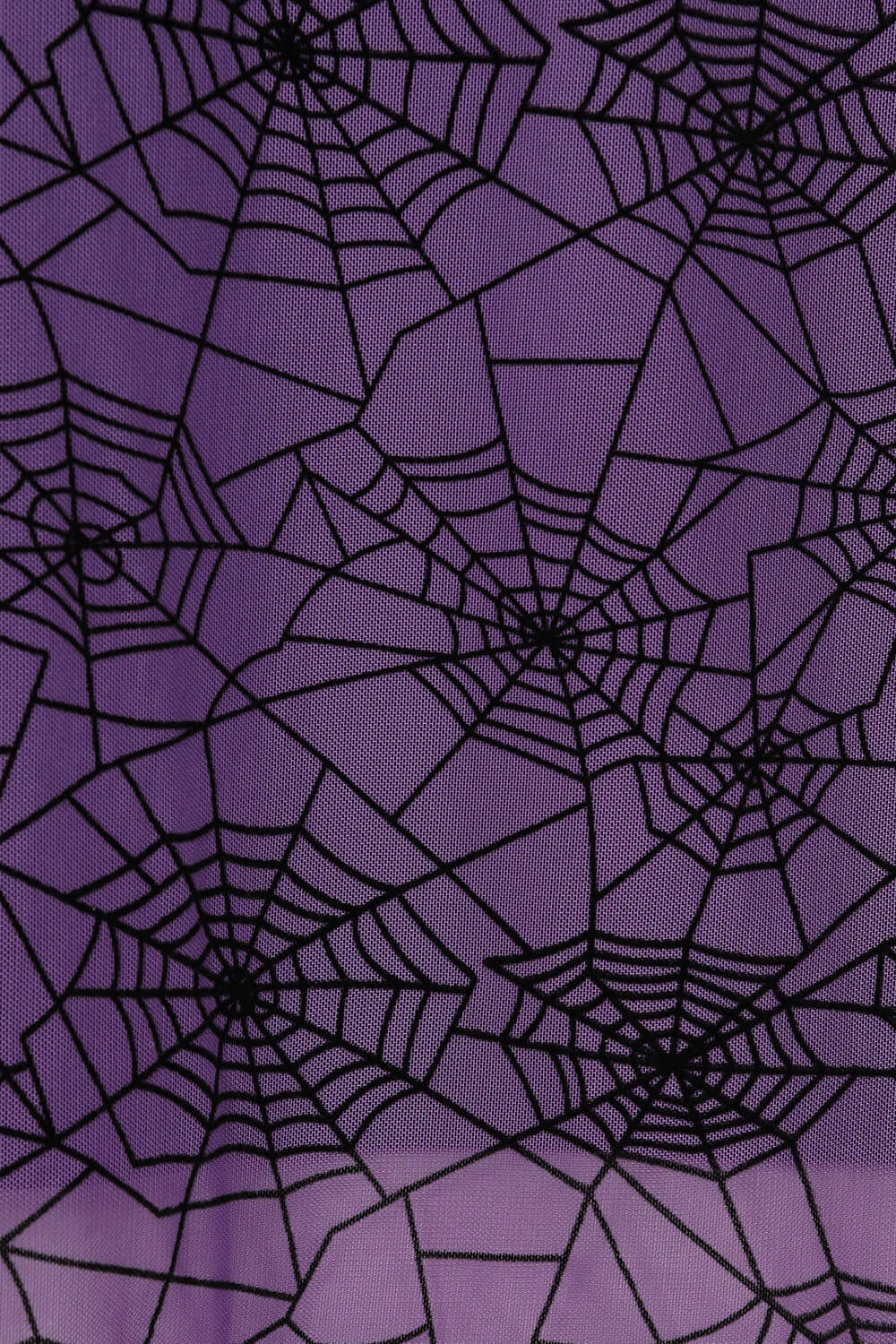 Elegant Banned Apparel Seraphina Gothic Mesh Skirt showcasing intricate spiderweb design in striking purple, featuring fitted silhouette, side slits, and sheer overlay, perfect for alternative fashion enthusiasts.